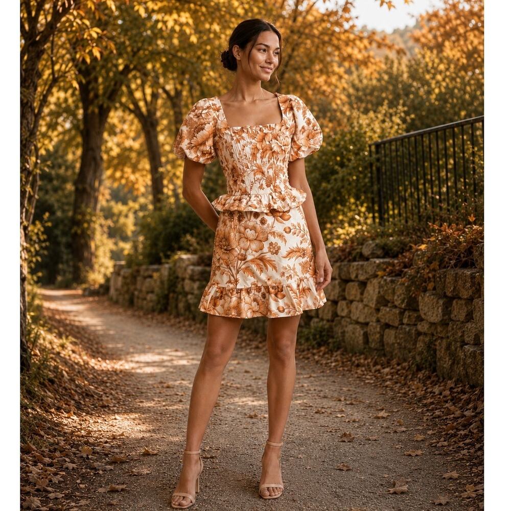 Vestique Rust Cream Floral Cotton Puff Sleeve Crop Top Mini Skirt Set M NWT